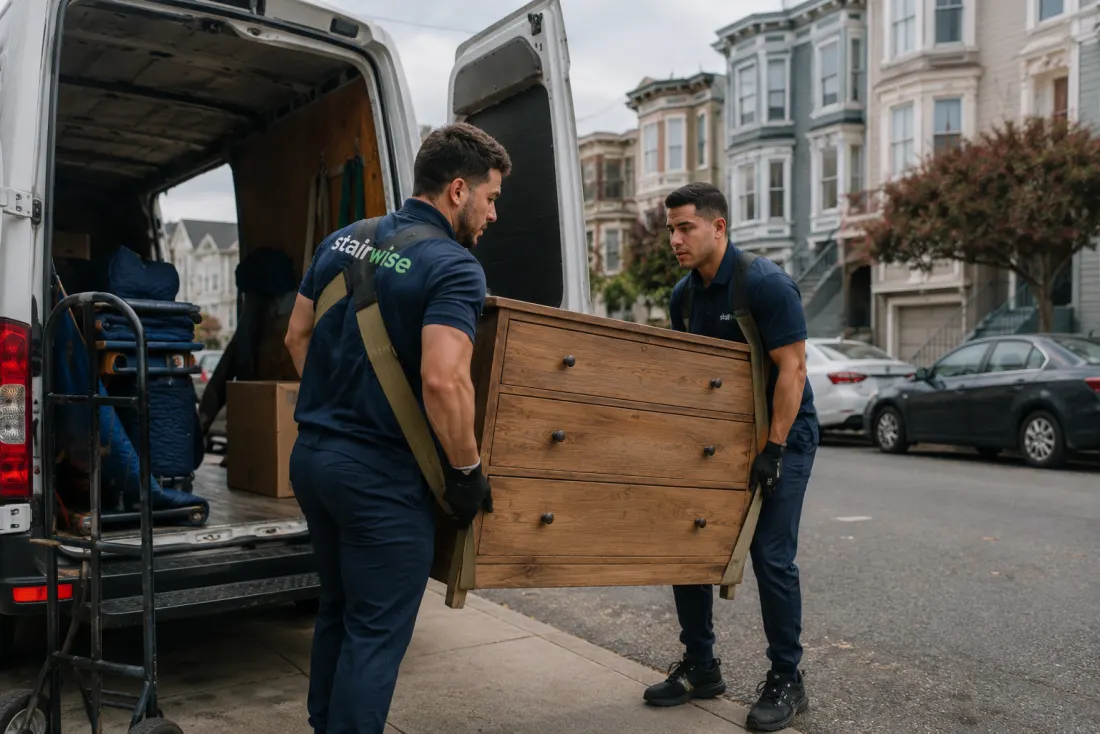 Stairwise movers carrying a dresser