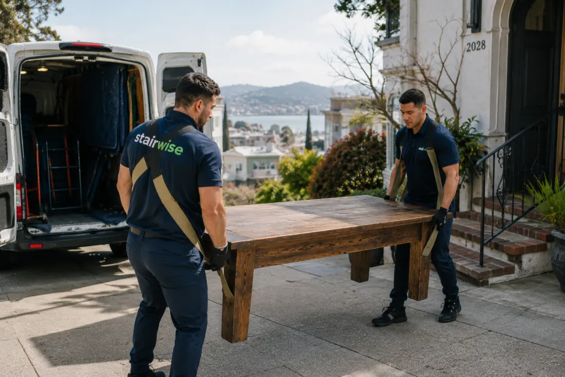 Stairwise crew carrying a table on an SF street